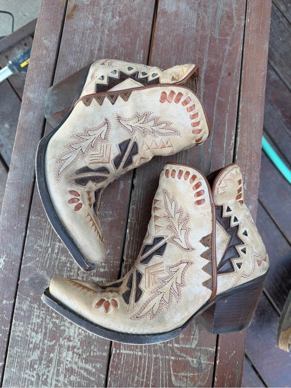 Ariat Beige Suede Western Cutout Ankle Boots with Brown Accents - Picture 3 of 3